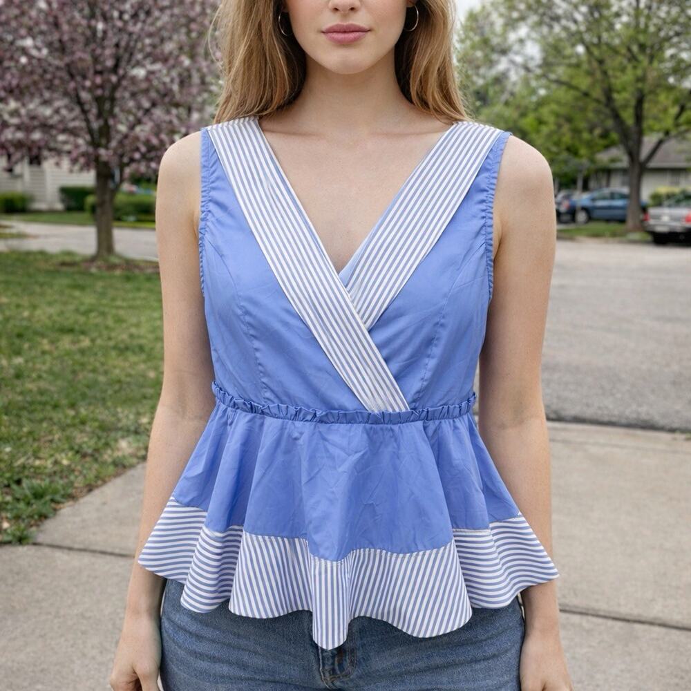 Boutique Blue Peplum Top M Tank Striped V-Neck Ruffle Hem Coastal Cowgirl Summer